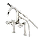 Webb AE8106RKX Three-Handle 2-Hole Deck Mount Clawfoot Tub Faucet with Knurled Handle and Hand Shower, Polished Nickel