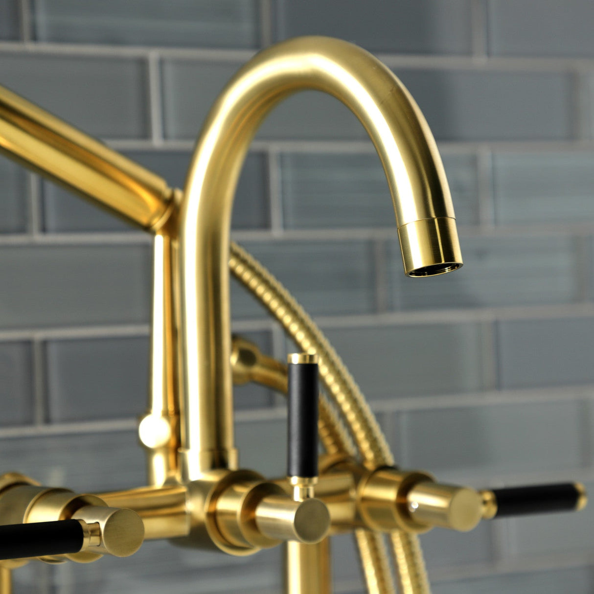 Kaiser AE8107DKL Three-Handle 2-Hole Deck Mount Clawfoot Tub Faucet with Hand Shower, Brushed Brass
