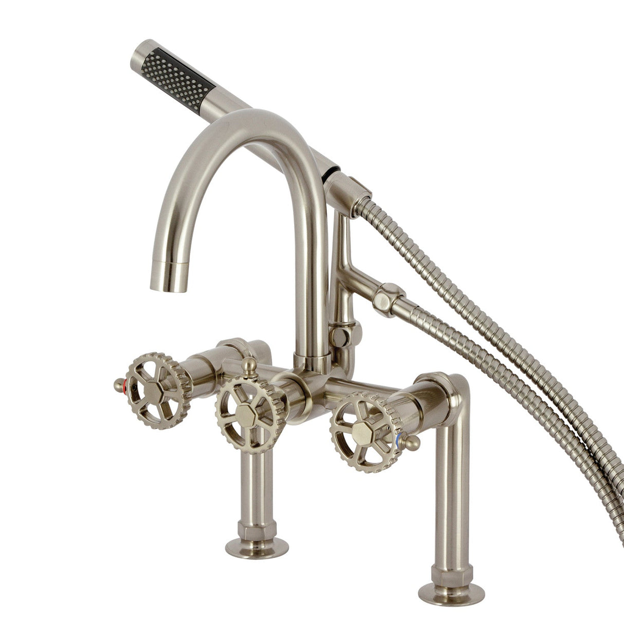 Fuller AE8108CG Three-Handle 2-Hole Deck Mount Clawfoot Tub Faucet with Hand Shower, Brushed Nickel