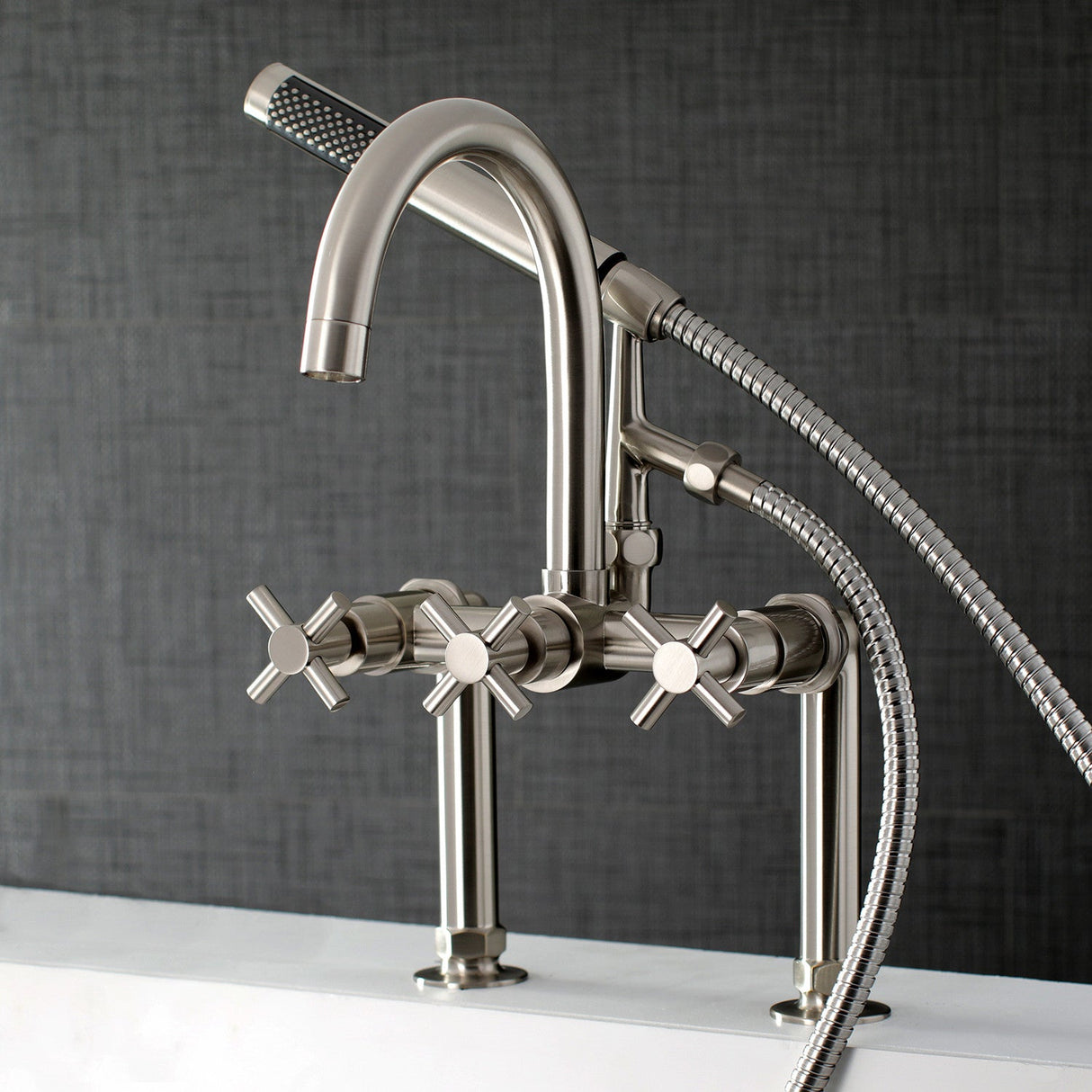 Concord AE8108DX Three-Handle 2-Hole Deck Mount Clawfoot Tub Faucet with Hand Shower, Brushed Nickel