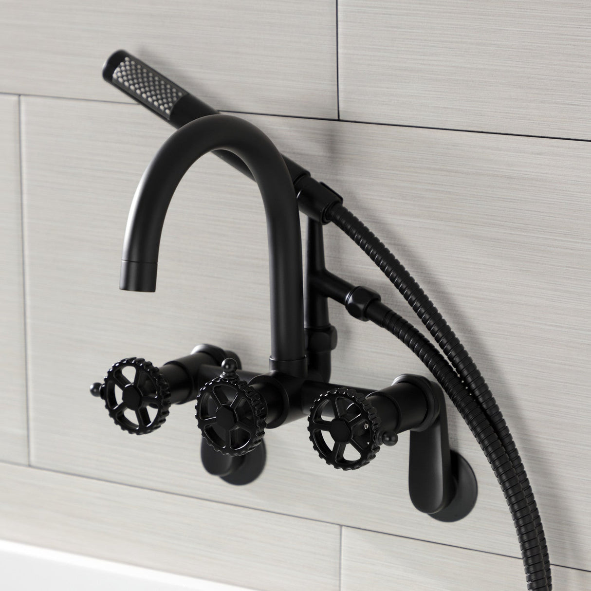 Fuller AE8150CG Three-Handle 2-Hole Tub Wall Mount Clawfoot Tub Faucet with Hand Shower, Matte Black