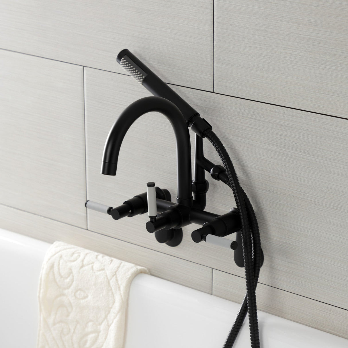 Kaiser AE8150DKL Three-Handle 2-Hole Tub Wall Mount Clawfoot Tub Faucet with Hand Shower, Matte Black