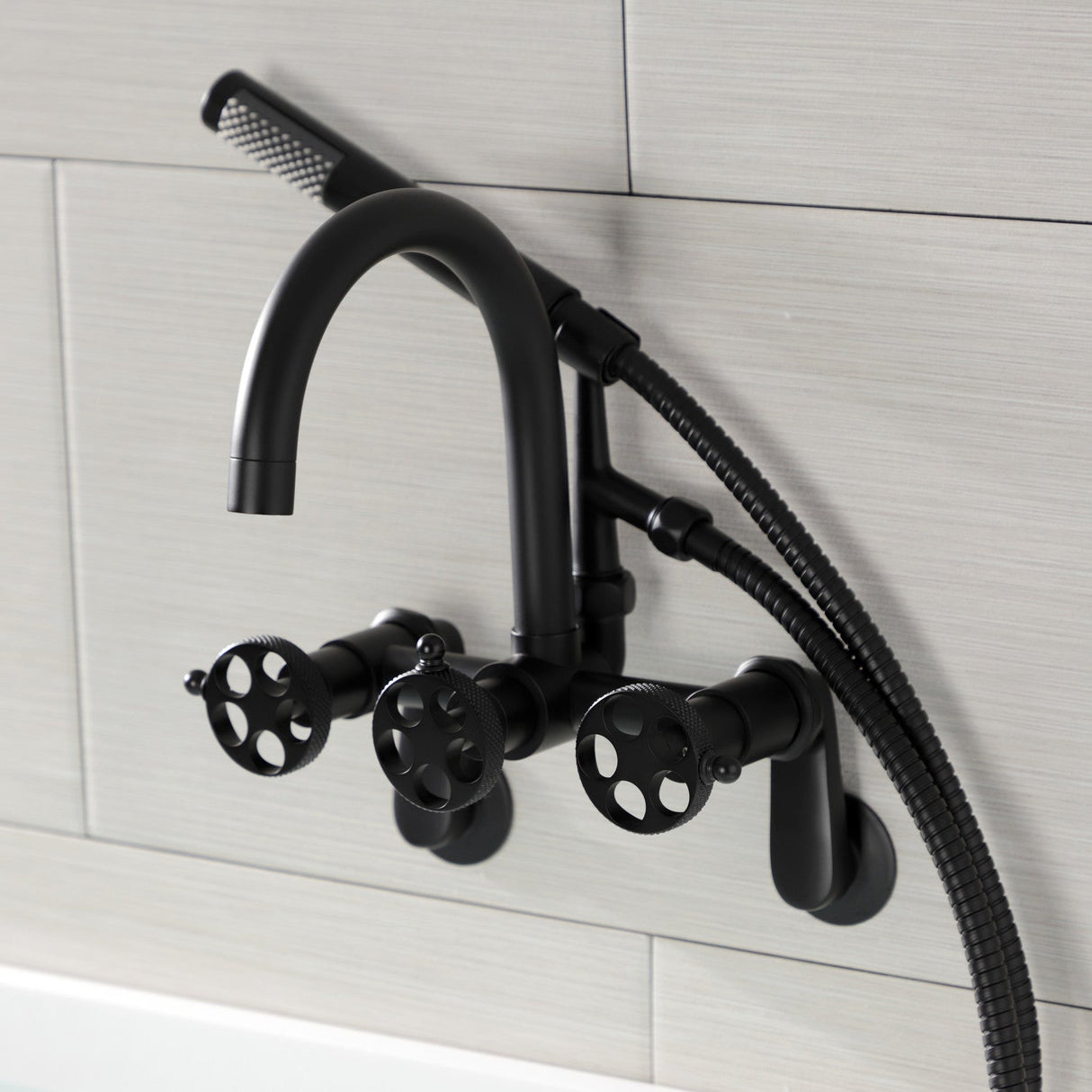 Webb AE8150RKX Three-Handle 2-Hole Adjustable Wall Mount Clawfoot Tub Faucet with Knurled Handle and Hand Shower, Matte Black