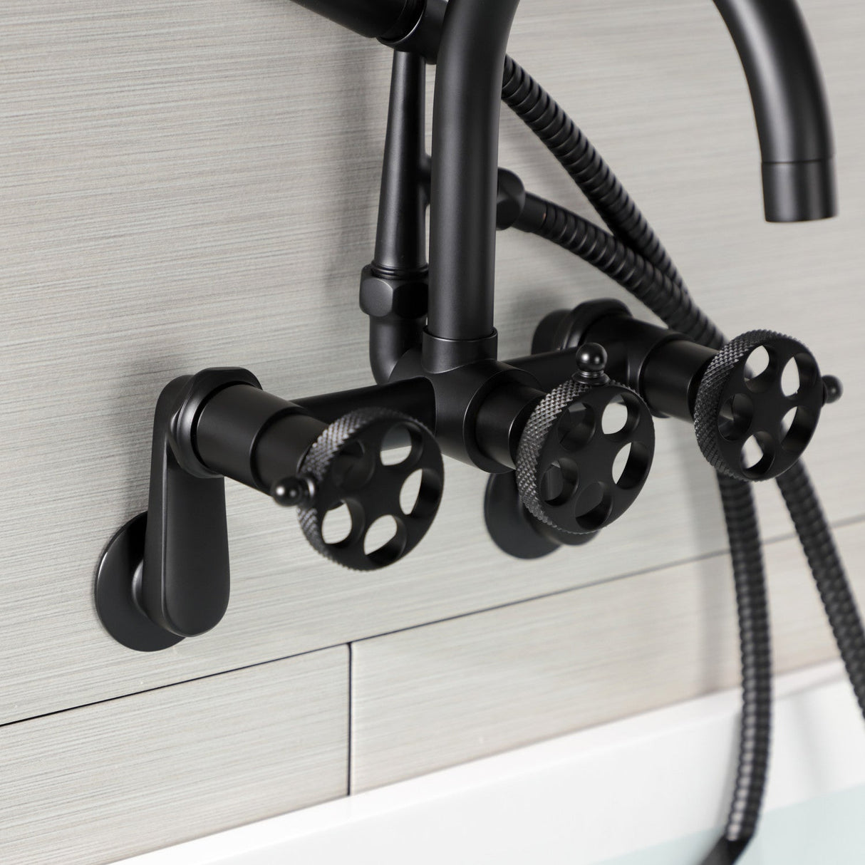 Webb AE8150RKX Three-Handle 2-Hole Adjustable Wall Mount Clawfoot Tub Faucet with Knurled Handle and Hand Shower, Matte Black