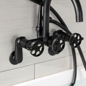 Webb AE8150RKX Three-Handle 2-Hole Adjustable Wall Mount Clawfoot Tub Faucet with Knurled Handle and Hand Shower, Matte Black