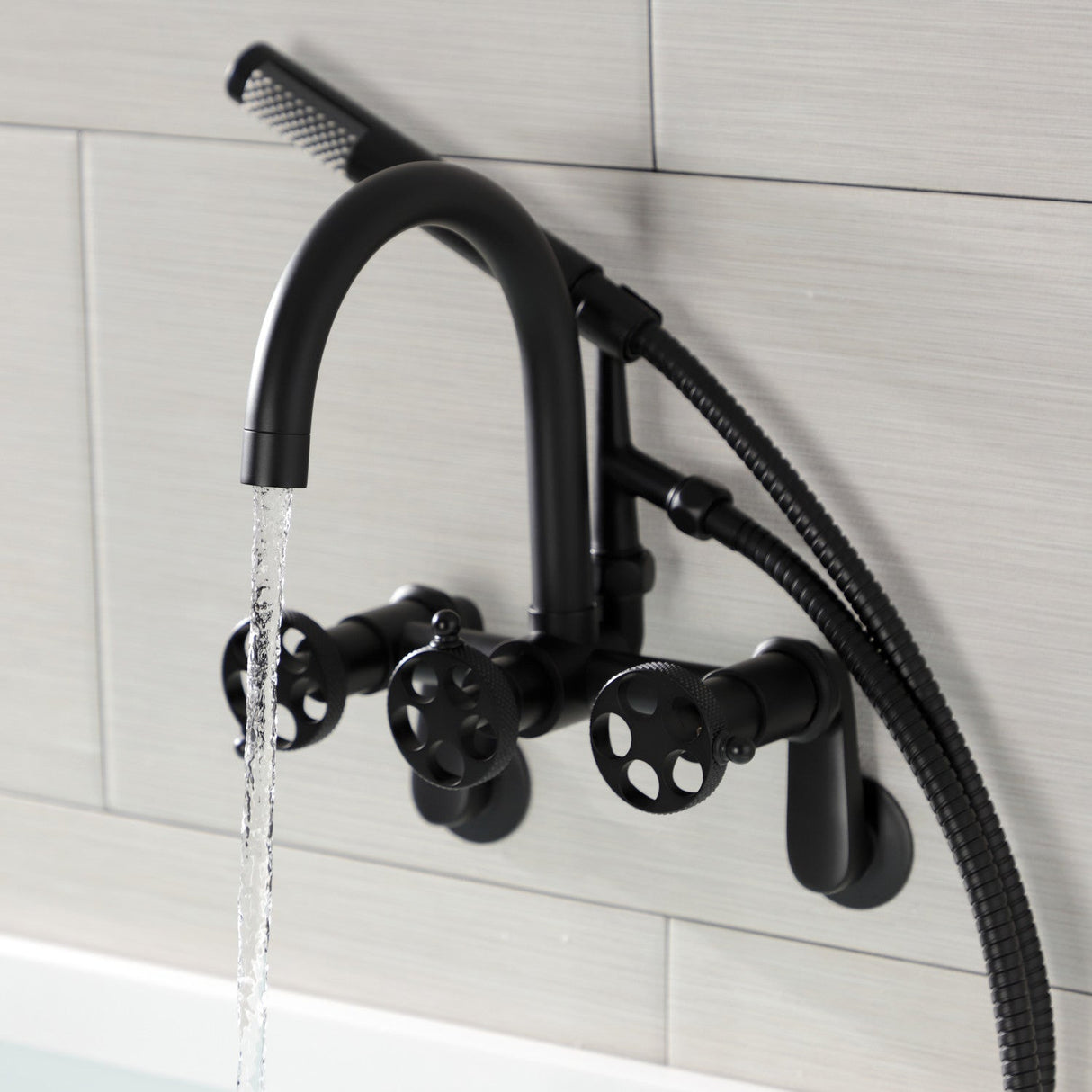 Webb AE8150RKX Three-Handle 2-Hole Adjustable Wall Mount Clawfoot Tub Faucet with Knurled Handle and Hand Shower, Matte Black