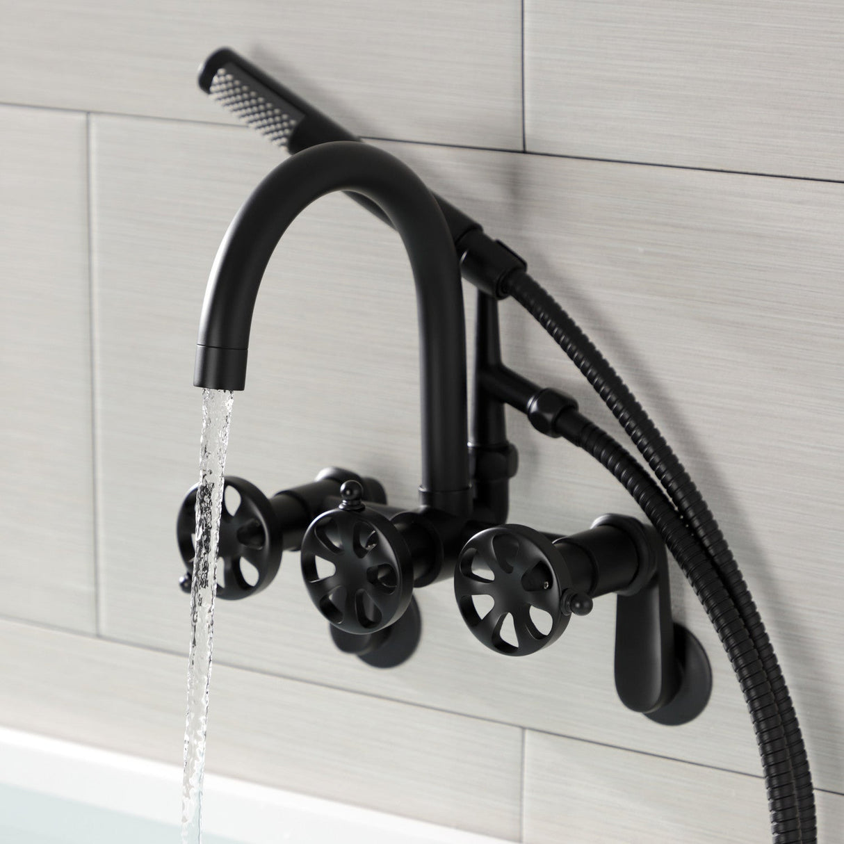 Belknap AE8150RX Three-Handle 2-Hole Tub Wall Mount Clawfoot Tub Faucet with Hand Shower, Matte Black