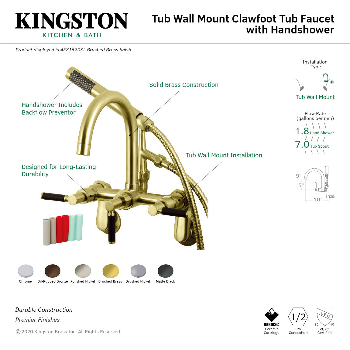 Kaiser AE8151DKL Three-Handle 2-Hole Tub Wall Mount Clawfoot Tub Faucet with Hand Shower, Polished Chrome