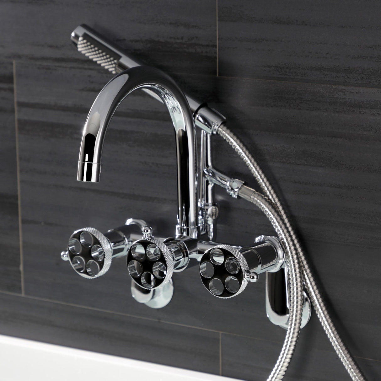 Webb AE8151RKX Three-Handle 2-Hole Adjustable Wall Mount Clawfoot Tub Faucet with Knurled Handle and Hand Shower, Polished Chrome