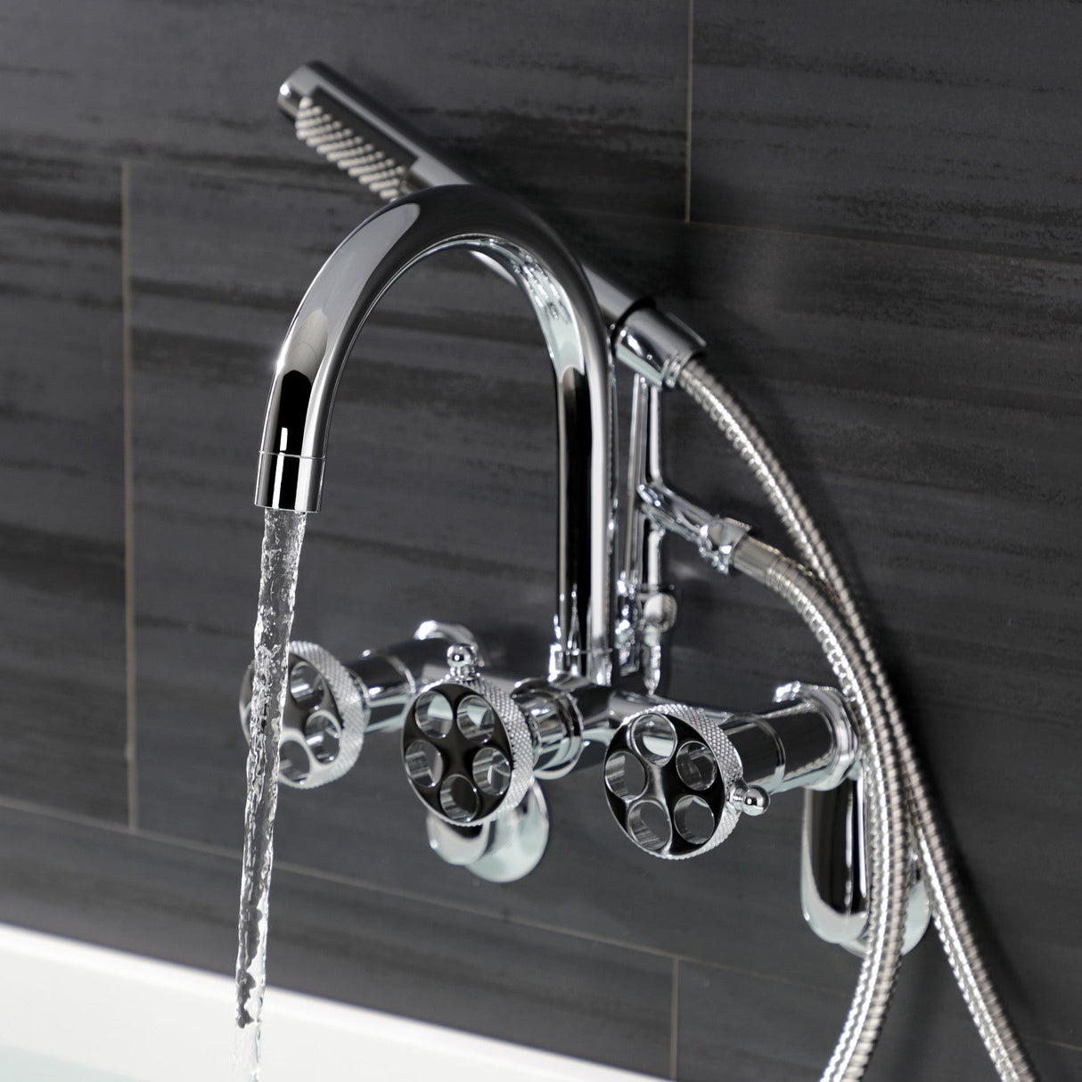 Webb AE8151RKX Three-Handle 2-Hole Adjustable Wall Mount Clawfoot Tub Faucet with Knurled Handle and Hand Shower, Polished Chrome