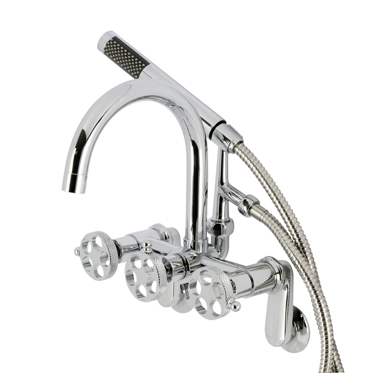 Webb AE8151RKX Three-Handle 2-Hole Adjustable Wall Mount Clawfoot Tub Faucet with Knurled Handle and Hand Shower, Polished Chrome