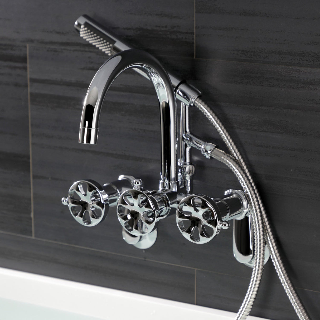 Belknap AE8151RX Three-Handle 2-Hole Tub Wall Mount Clawfoot Tub Faucet with Hand Shower, Polished Chrome