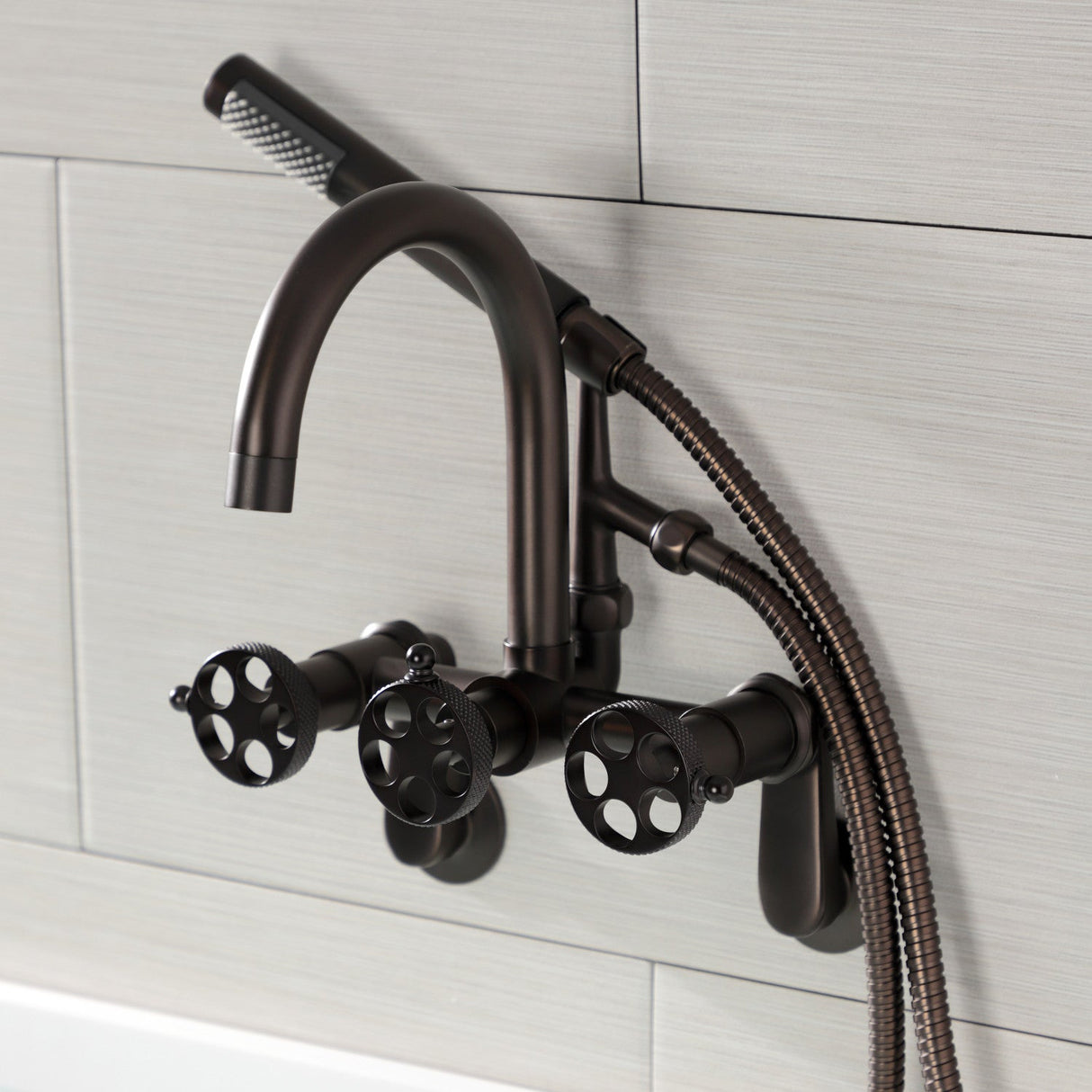 Webb AE8155RKX Three-Handle 2-Hole Adjustable Wall Mount Clawfoot Tub Faucet with Knurled Handle and Hand Shower, Oil Rubbed Bronze