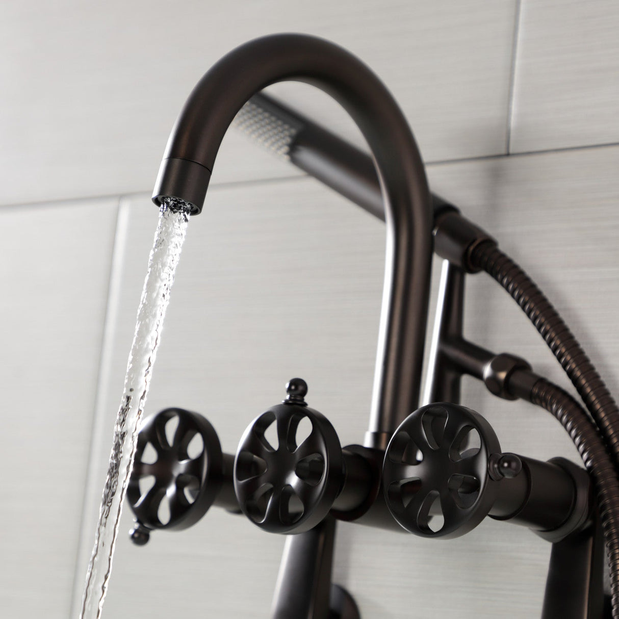 Belknap AE8155RX Three-Handle 2-Hole Tub Wall Mount Clawfoot Tub Faucet with Hand Shower, Oil Rubbed Bronze