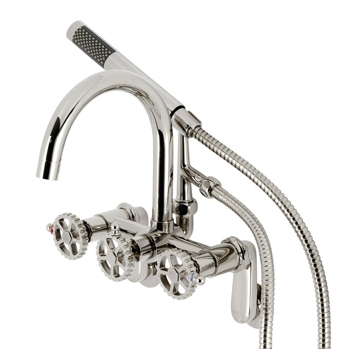 Fuller AE8156CG Three-Handle 2-Hole Tub Wall Mount Clawfoot Tub Faucet with Hand Shower, Polished Nickel