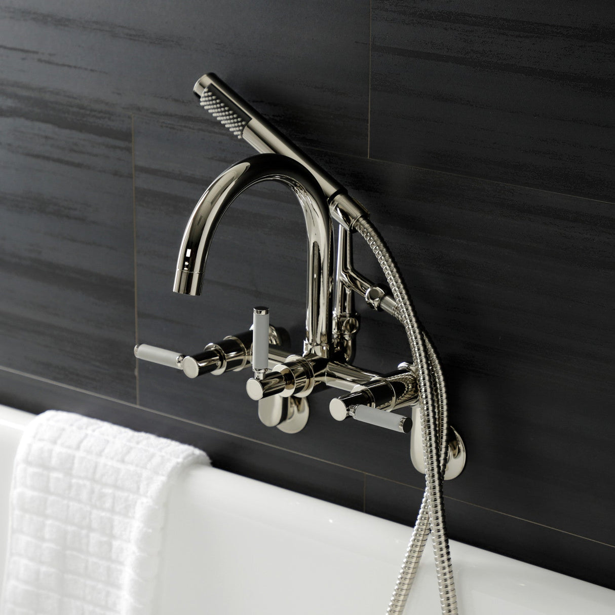 Kaiser AE8156DKL Three-Handle 2-Hole Tub Wall Mount Clawfoot Tub Faucet with Hand Shower, Polished Nickel