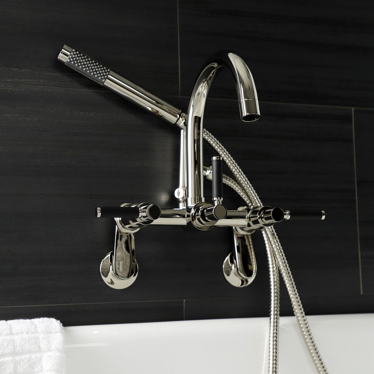 Kaiser AE8156DKL Three-Handle 2-Hole Tub Wall Mount Clawfoot Tub Faucet with Hand Shower, Polished Nickel