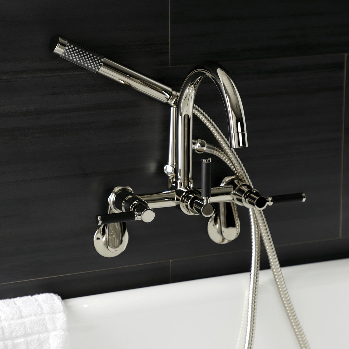 Kaiser AE8156DKL Three-Handle 2-Hole Tub Wall Mount Clawfoot Tub Faucet with Hand Shower, Polished Nickel