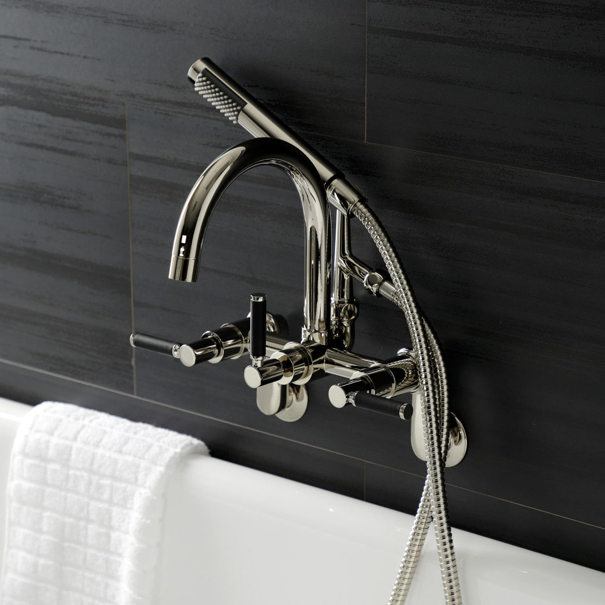 Kaiser AE8156DKL Three-Handle 2-Hole Tub Wall Mount Clawfoot Tub Faucet with Hand Shower, Polished Nickel