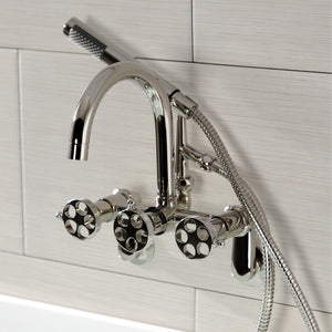 Webb AE8156RKX Three-Handle 2-Hole Adjustable Wall Mount Clawfoot Tub Faucet with Knurled Handle and Hand Shower, Polished Nickel