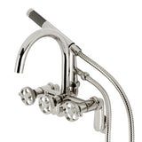 Webb AE8156RKX Three-Handle 2-Hole Adjustable Wall Mount Clawfoot Tub Faucet with Knurled Handle and Hand Shower, Polished Nickel