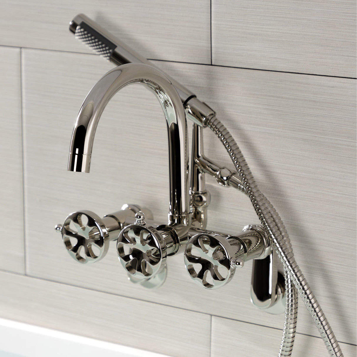 Belknap AE8156RX Three-Handle 2-Hole Tub Wall Mount Clawfoot Tub Faucet with Hand Shower, Polished Nickel