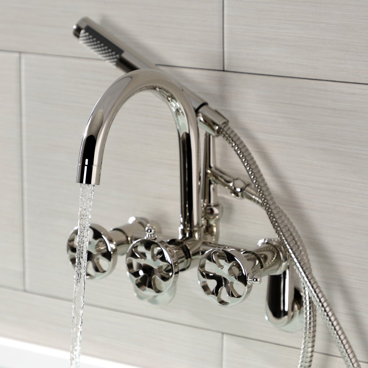 Belknap AE8156RX Three-Handle 2-Hole Tub Wall Mount Clawfoot Tub Faucet with Hand Shower, Polished Nickel
