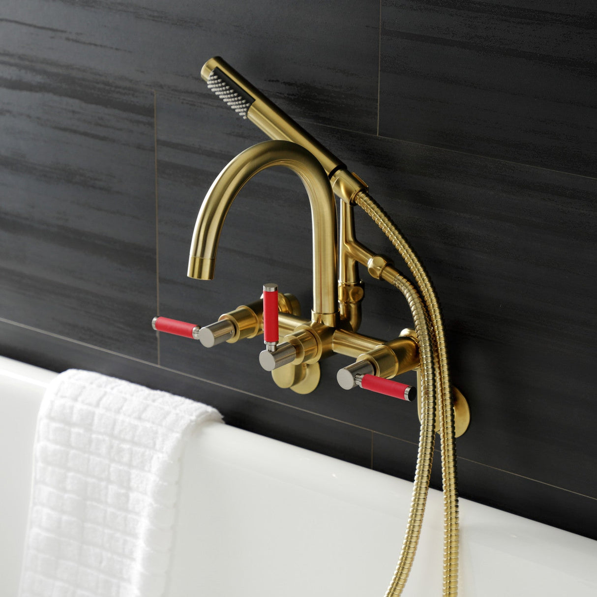 Kaiser AE8157DKL Three-Handle 2-Hole Tub Wall Mount Clawfoot Tub Faucet with Hand Shower, Brushed Brass