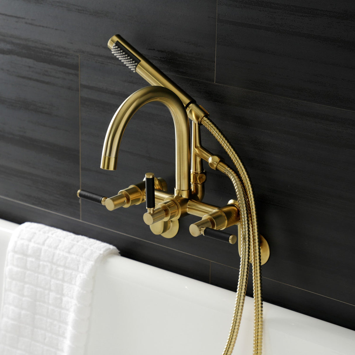 Kaiser AE8157DKL Three-Handle 2-Hole Tub Wall Mount Clawfoot Tub Faucet with Hand Shower, Brushed Brass