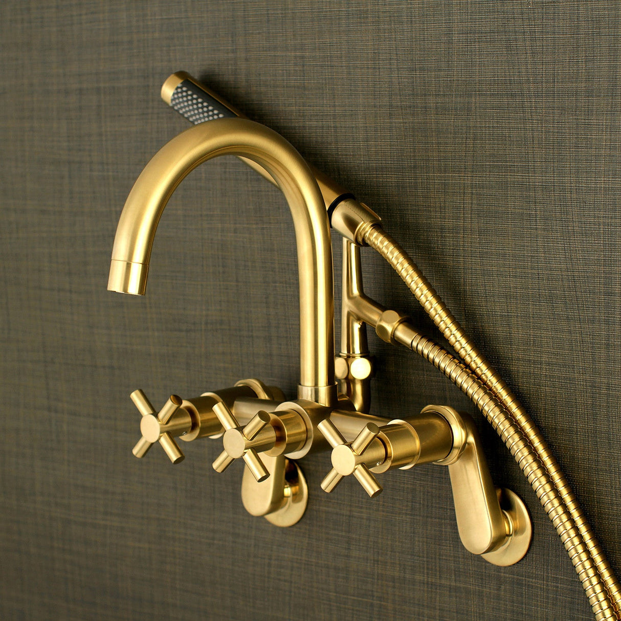 Concord AE8157DX Three-Handle 2-Hole Tub Wall Mount Clawfoot Tub Faucet with Hand Shower, Brushed Brass