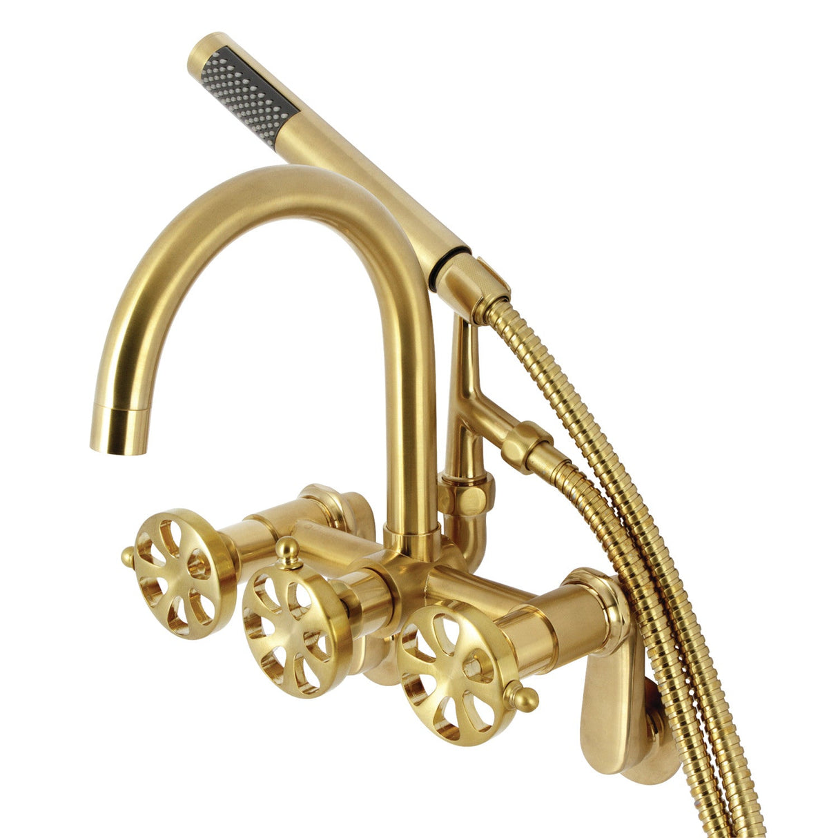 Belknap AE8157RX Three-Handle 2-Hole Tub Wall Mount Clawfoot Tub Faucet with Hand Shower, Brushed Brass