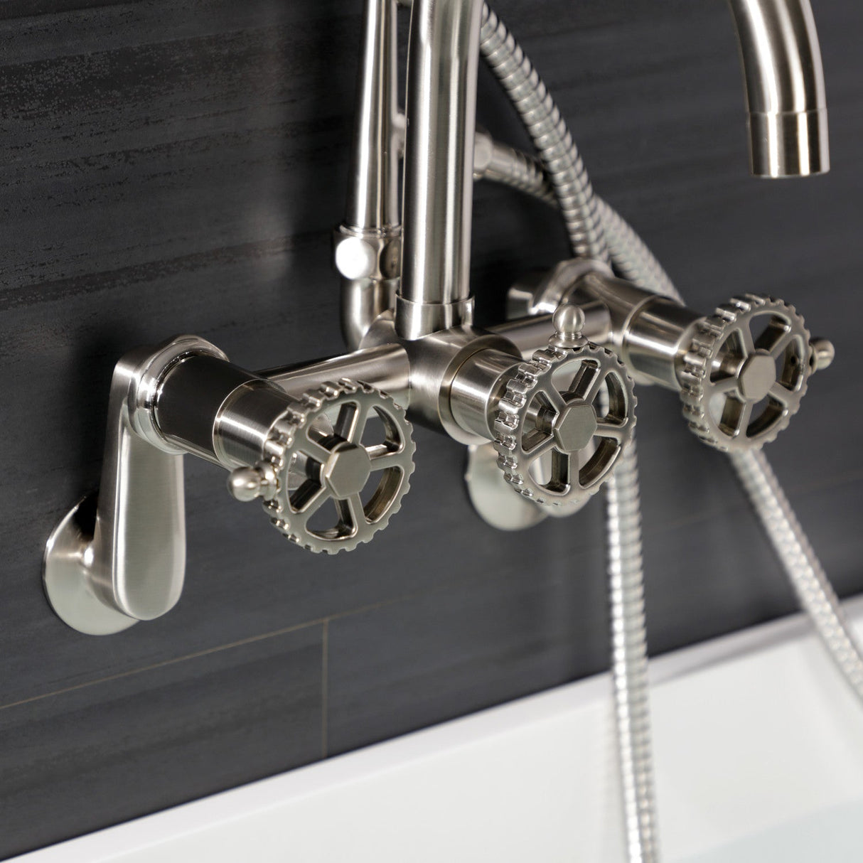 Fuller AE8158CG Three-Handle 2-Hole Tub Wall Mount Clawfoot Tub Faucet with Hand Shower, Brushed Nickel