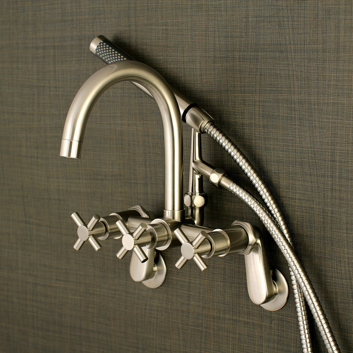 Concord AE8158DX Three-Handle 2-Hole Tub Wall Mount Clawfoot Tub Faucet with Hand Shower, Brushed Nickel