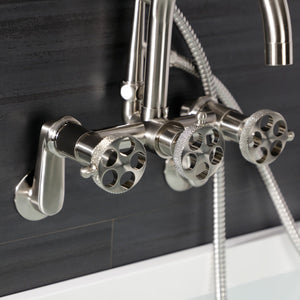 Webb AE8158RKX Three-Handle 2-Hole Adjustable Wall Mount Clawfoot Tub Faucet with Knurled Handle and Hand Shower, Brushed Nickel