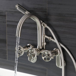Webb AE8158RKX Three-Handle 2-Hole Adjustable Wall Mount Clawfoot Tub Faucet with Knurled Handle and Hand Shower, Brushed Nickel