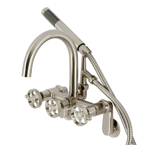 Webb AE8158RKX Three-Handle 2-Hole Adjustable Wall Mount Clawfoot Tub Faucet with Knurled Handle and Hand Shower, Brushed Nickel
