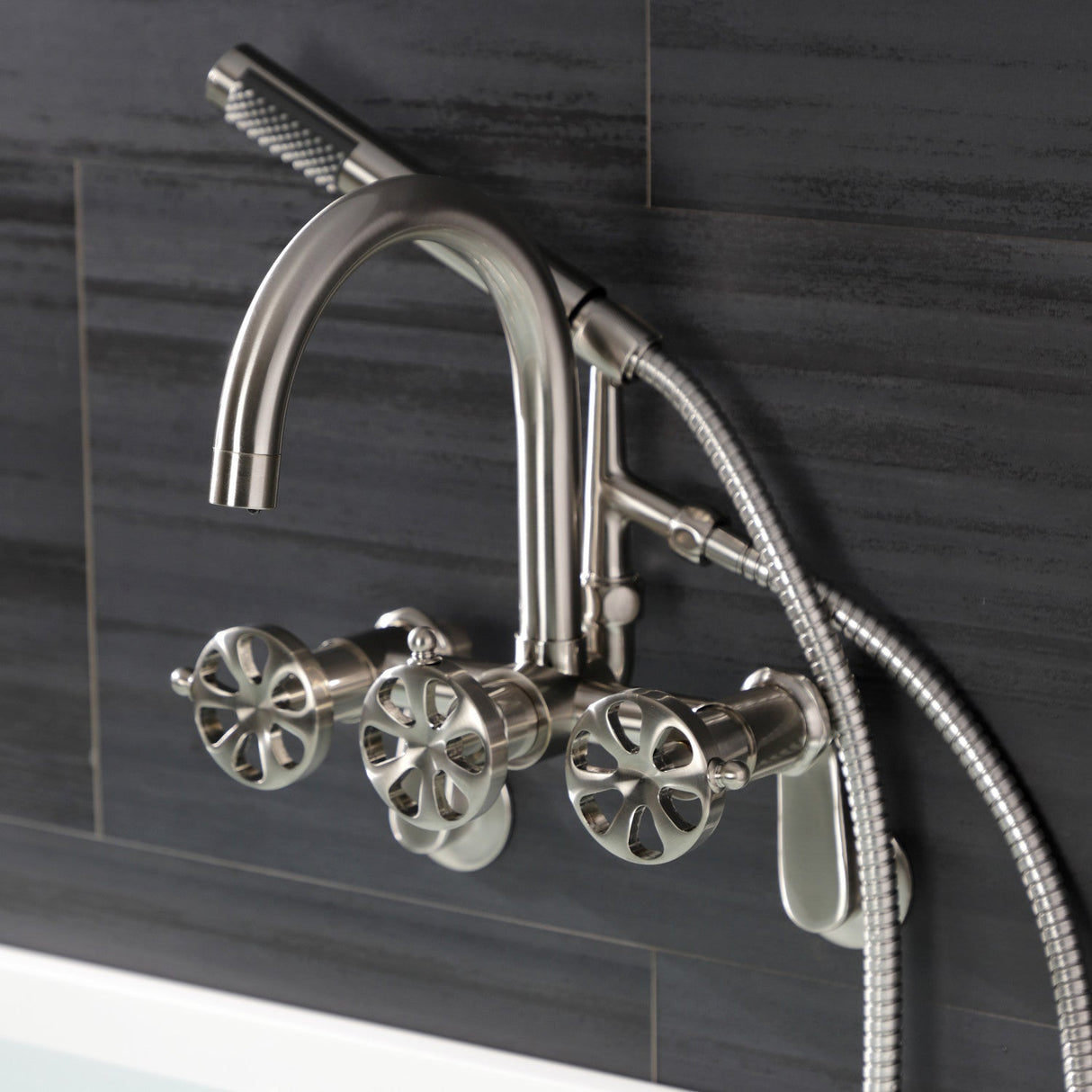 Belknap AE8158RX Three-Handle 2-Hole Tub Wall Mount Clawfoot Tub Faucet with Hand Shower, Brushed Nickel