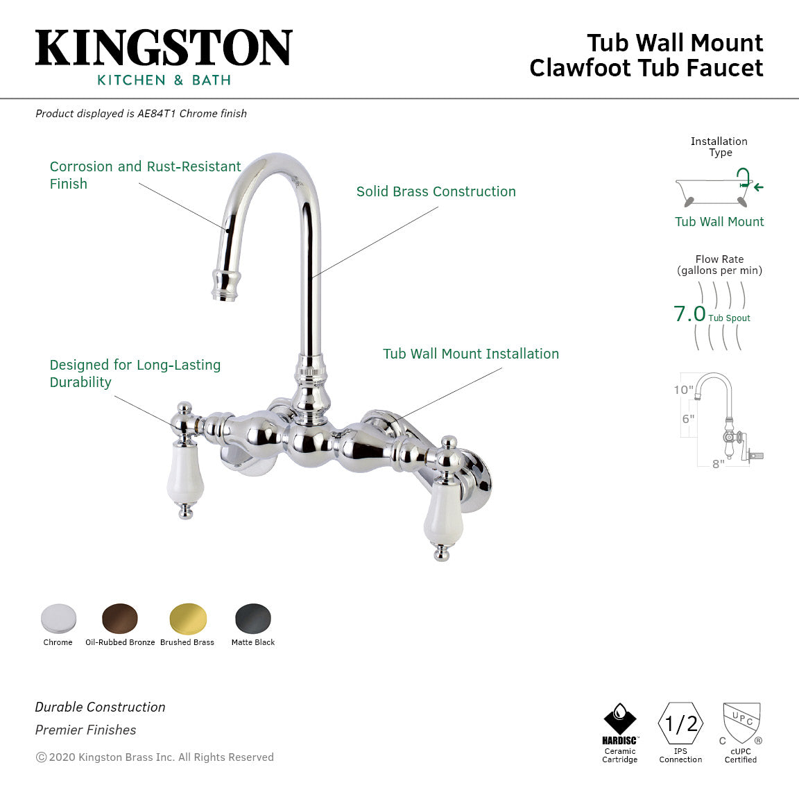 Aqua Vintage AE83T7 Two-Handle 2-Hole Tub Wall Mount Clawfoot Tub Faucet, Brushed Brass