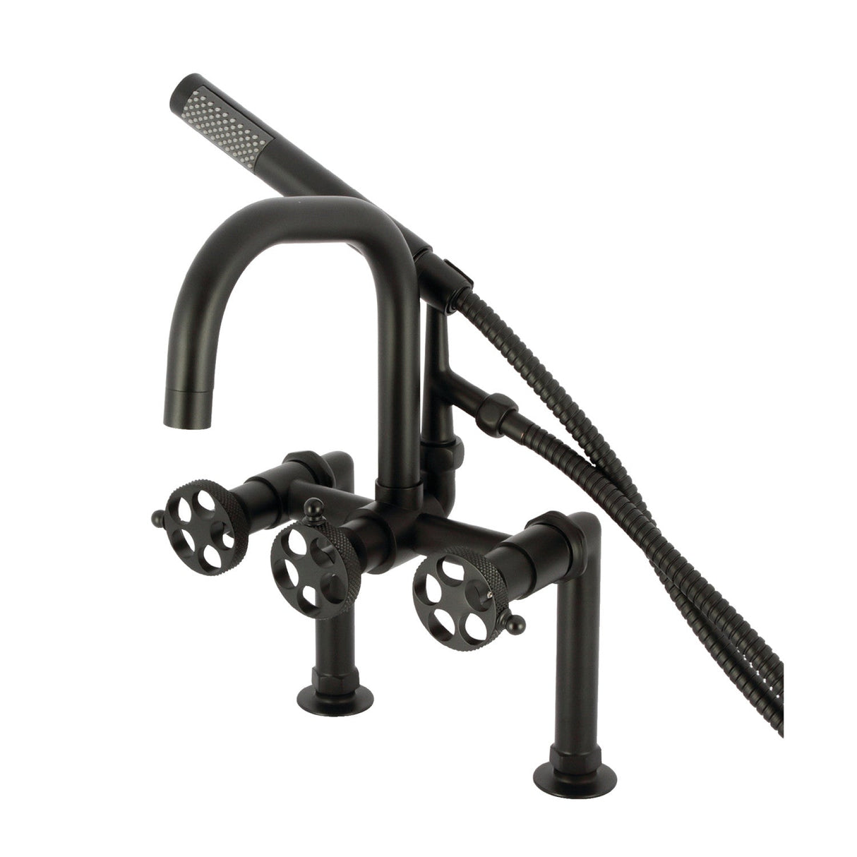 Webb AE8400RKX Three-Handle 2-Hole Deck Mount Clawfoot Tub Faucet with Knurled Handle and Hand Shower, Matte Black