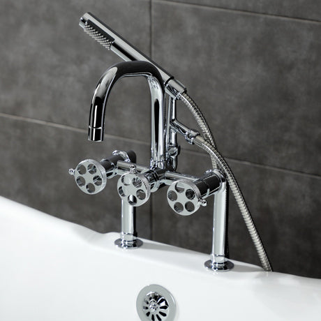 Webb AE8401RKX Three-Handle 2-Hole Deck Mount Clawfoot Tub Faucet with Knurled Handle and Hand Shower, Polished Chrome