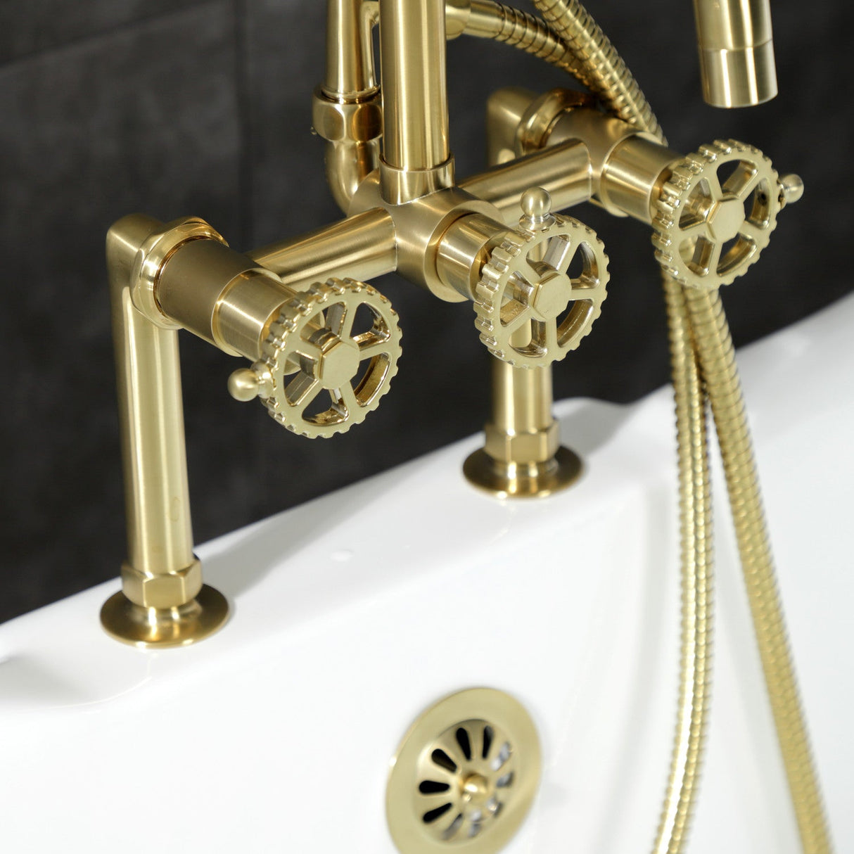 Fuller AE8407CG Three-Handle 2-Hole Deck Mount Clawfoot Tub Faucet with Hand Shower, Brushed Brass