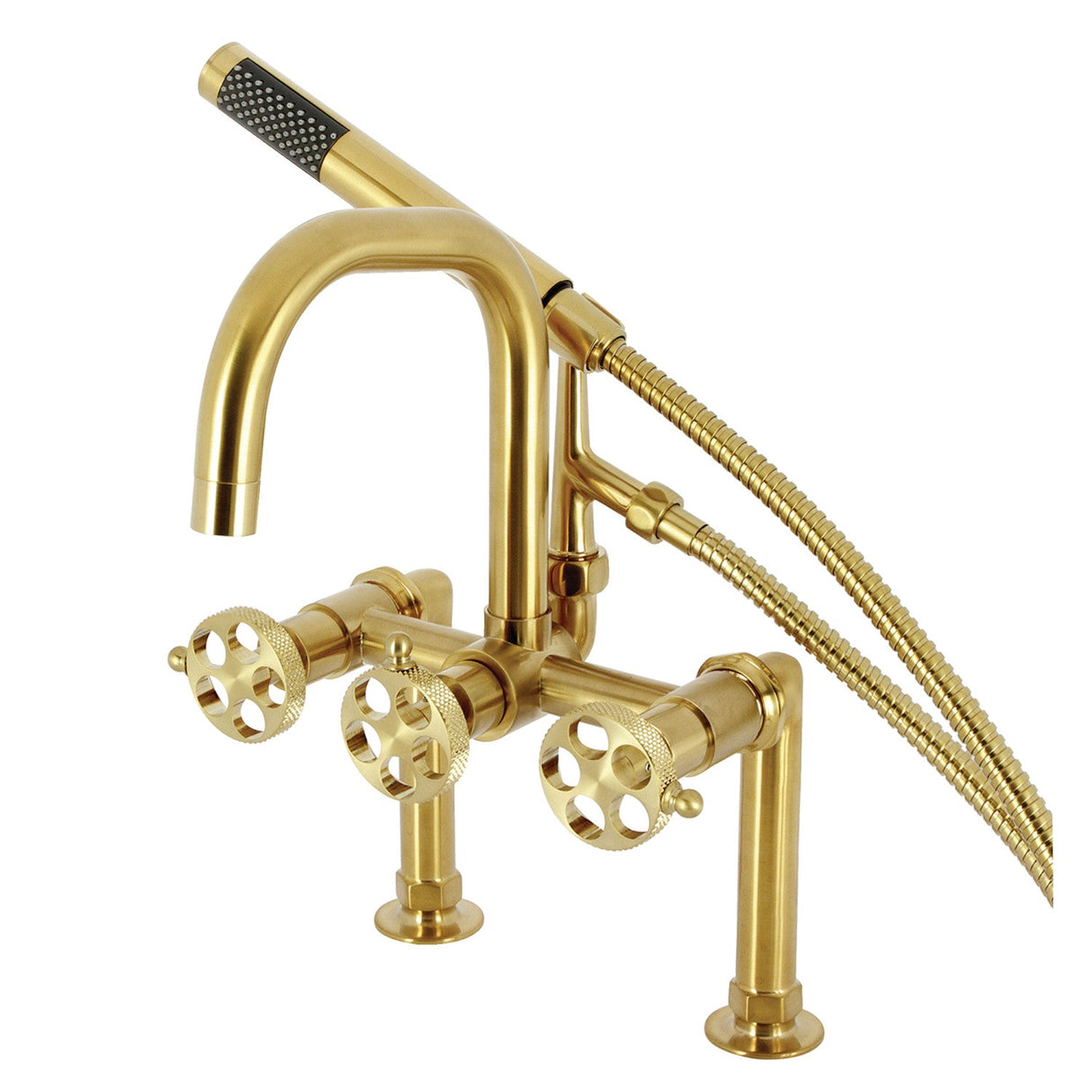 Webb AE8407RKX Three-Handle 2-Hole Deck Mount Clawfoot Tub Faucet with Knurled Handle and Hand Shower, Brushed Brass