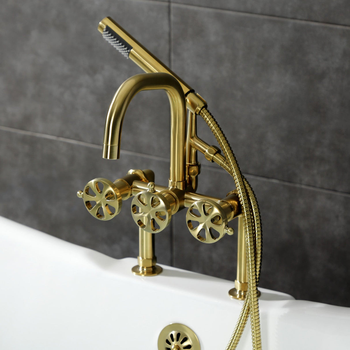 Belknap AE8407RX Three-Handle 2-Hole Deck Mount Clawfoot Tub Faucet with Hand Shower, Brushed Brass