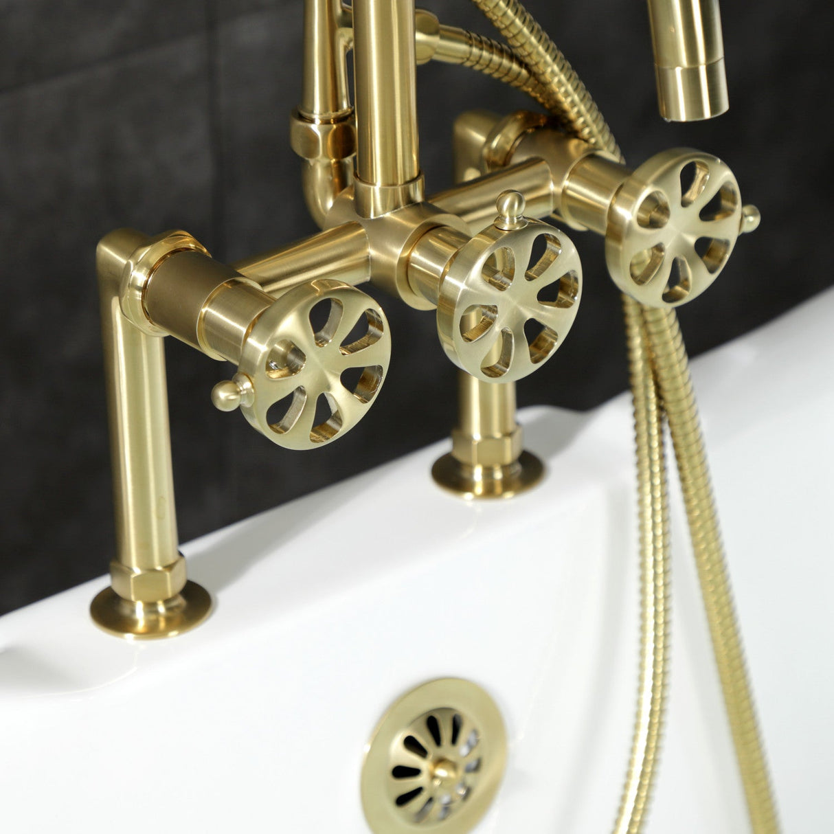 Belknap AE8407RX Three-Handle 2-Hole Deck Mount Clawfoot Tub Faucet with Hand Shower, Brushed Brass