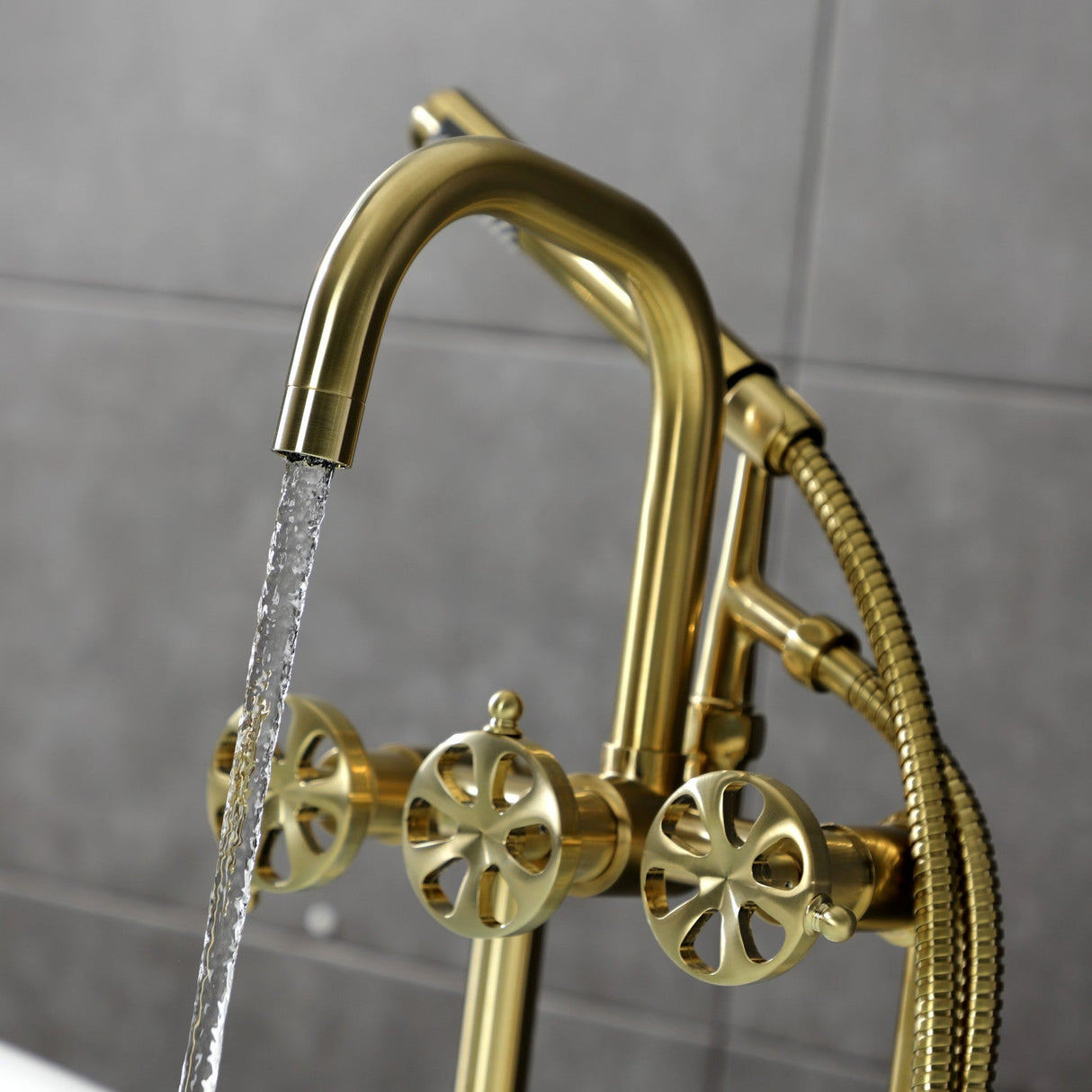 Belknap AE8407RX Three-Handle 2-Hole Deck Mount Clawfoot Tub Faucet with Hand Shower, Brushed Brass