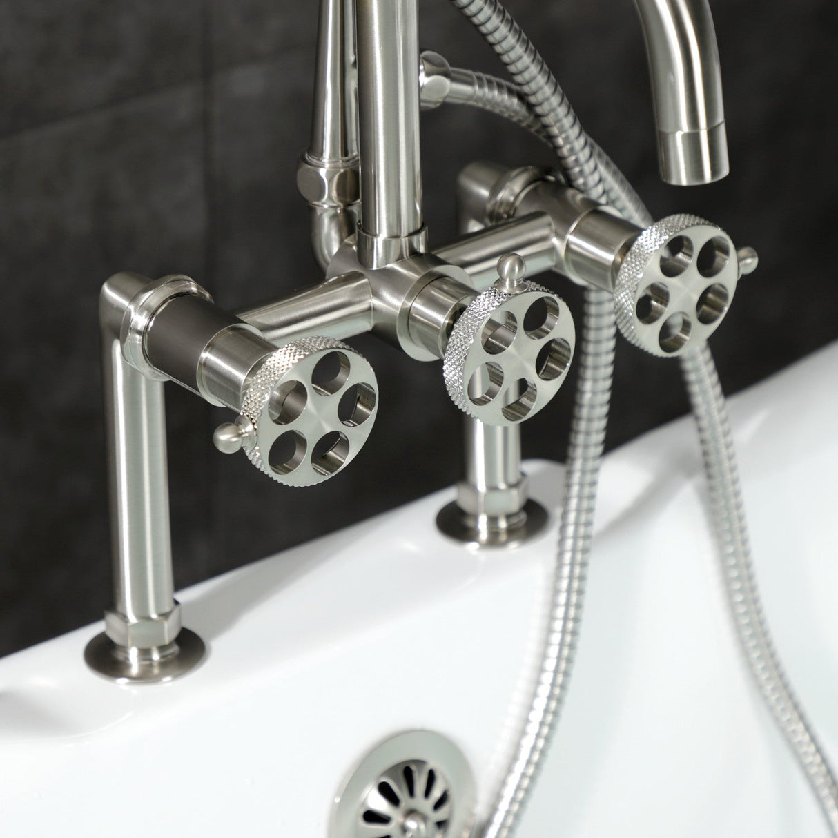 Webb AE8408RKX Three-Handle 2-Hole Deck Mount Clawfoot Tub Faucet with Knurled Handle and Hand Shower, Brushed Nickel