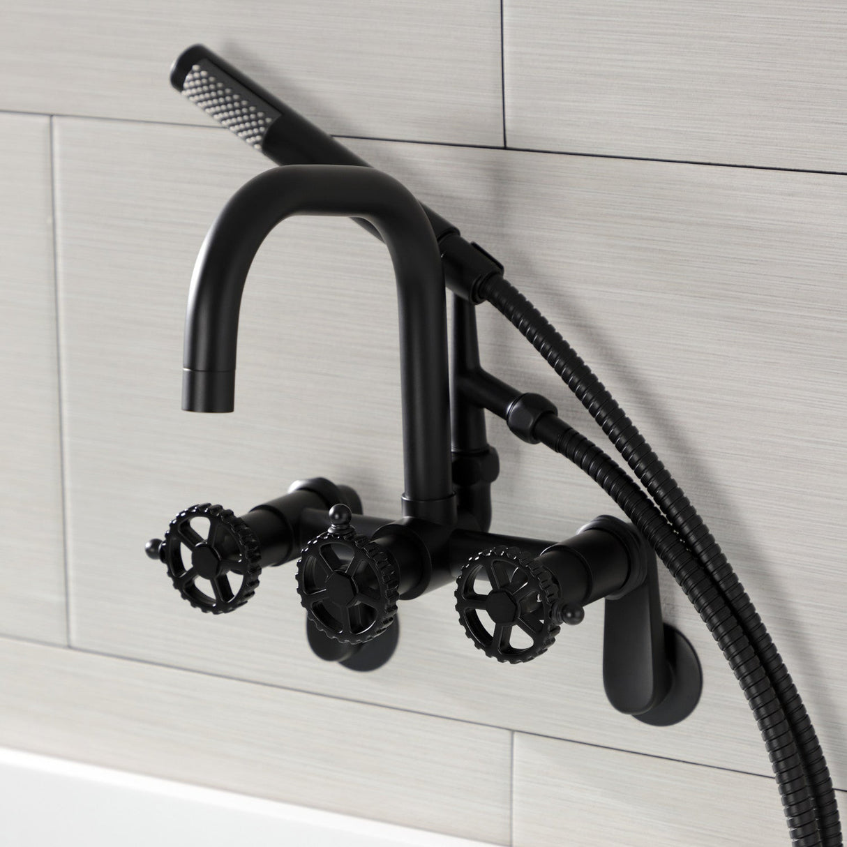 Fuller AE8450CG Three-Handle 2-Hole Wall Mount Clawfoot Tub Faucet with Hand Shower, Matte Black