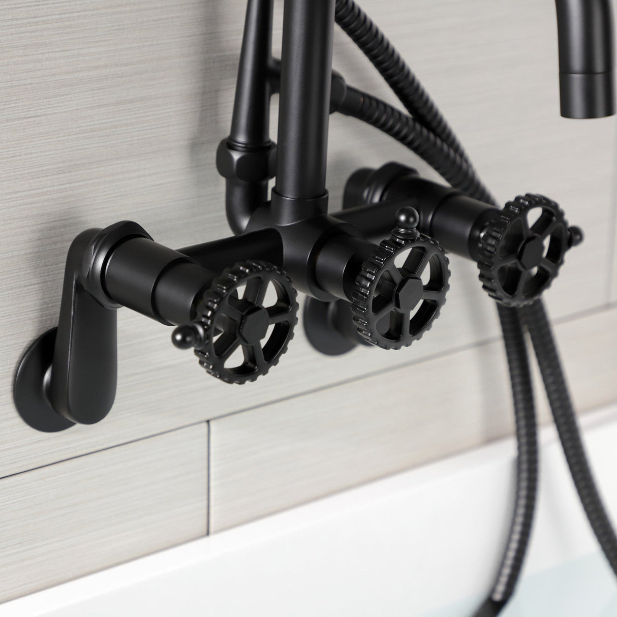 Fuller AE8450CG Three-Handle 2-Hole Wall Mount Clawfoot Tub Faucet with Hand Shower, Matte Black