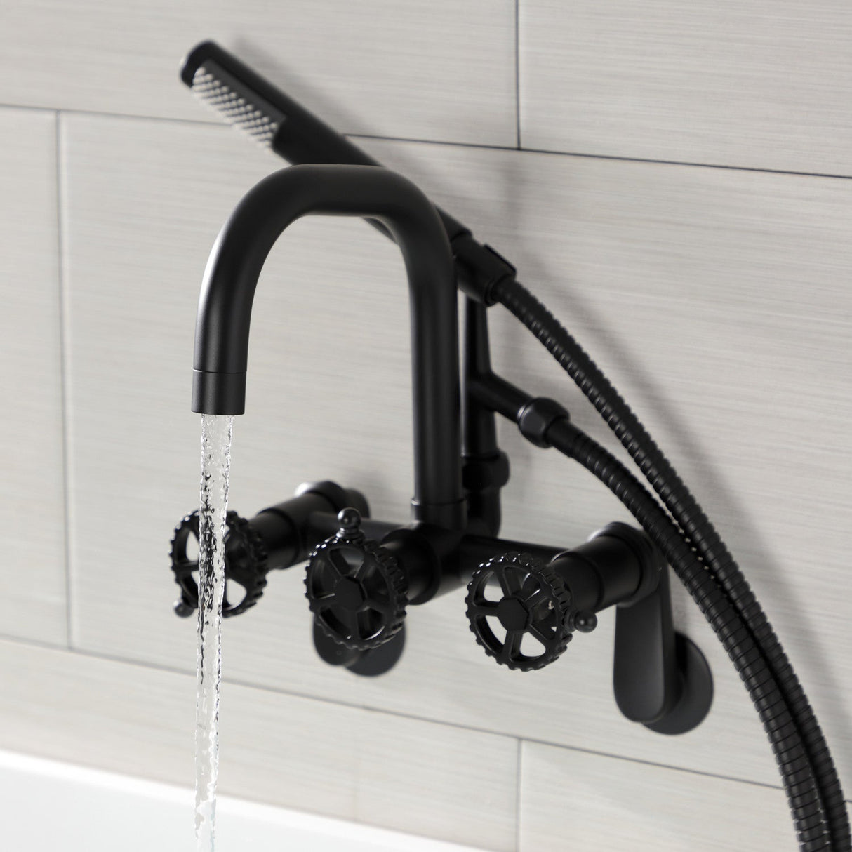 Fuller AE8450CG Three-Handle 2-Hole Wall Mount Clawfoot Tub Faucet with Hand Shower, Matte Black