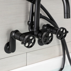 Webb AE8450RKX Three-Handle 2-Hole Adjustable Wall Mount Clawfoot Tub Faucet with Knurled Handle and Hand Shower, Matte Black